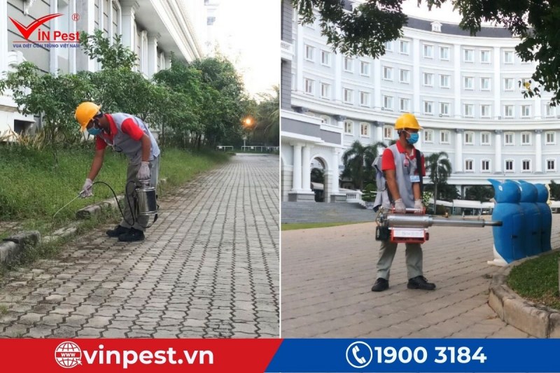 Các kỹ thuật viên của VinPest thực hiện xử lý côn trùng quận Tân Phú